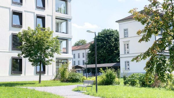 Ein Spazierweg führt auf dem Areal Königsfelden an Wiesen, Bäumen sowie den modernen und historischen Klinikgebäuden vorbei