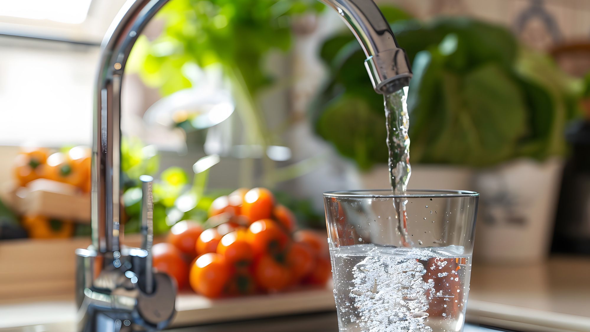 Frisches Wasser sprudelt aus einem Küchen-Wasserhahn in ein Trinkglas